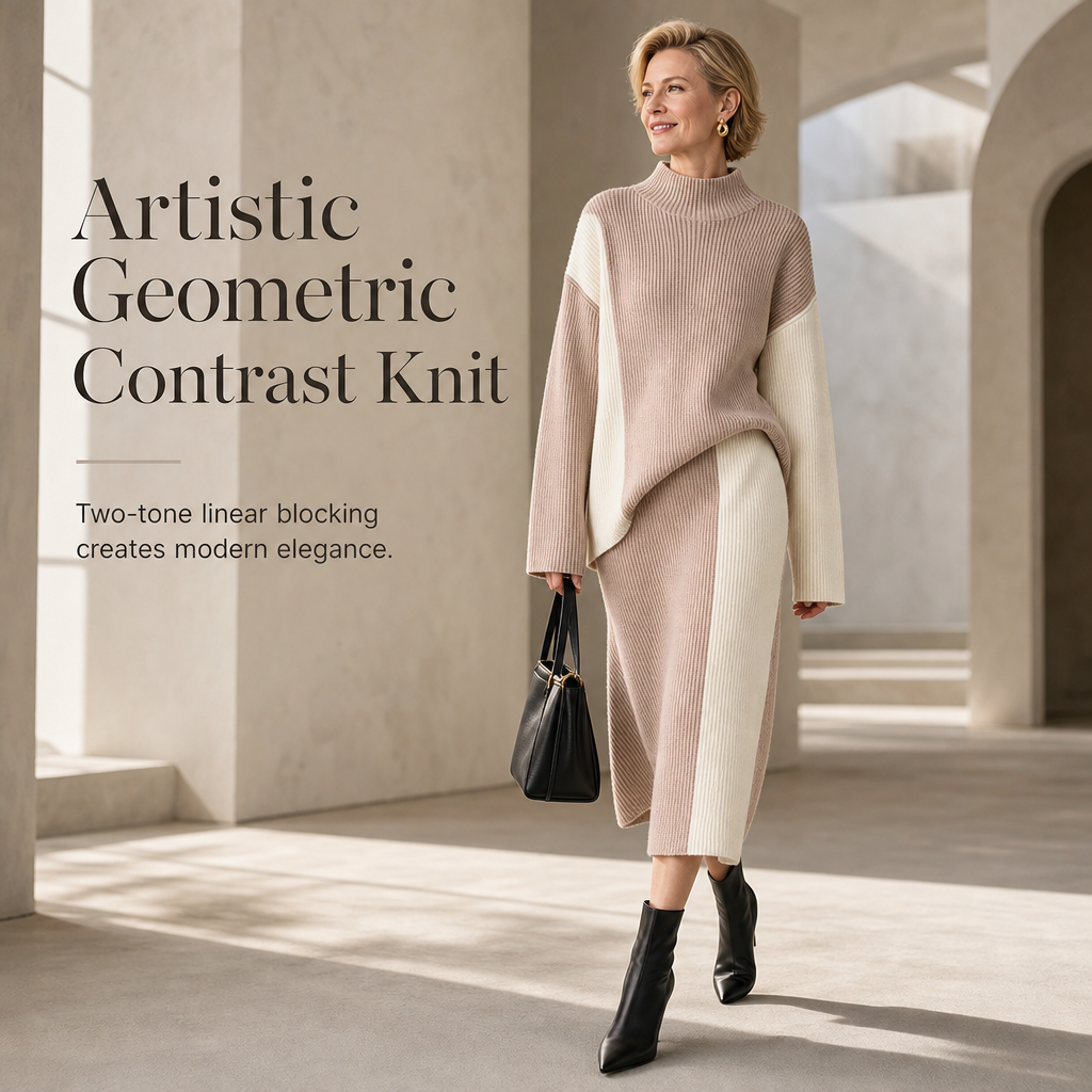 Women's Autumn Winter Color Block Knit 2-Piece Set Thickened Pullover Sweater and Skirt