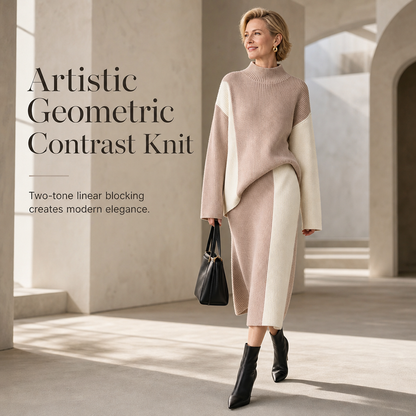 Women's Autumn Winter Color Block Knit 2-Piece Set Thickened Pullover Sweater and Skirt