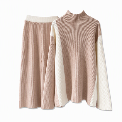 Women's Autumn Winter Color Block Knit 2-Piece Set Thickened Pullover Sweater and Skirt