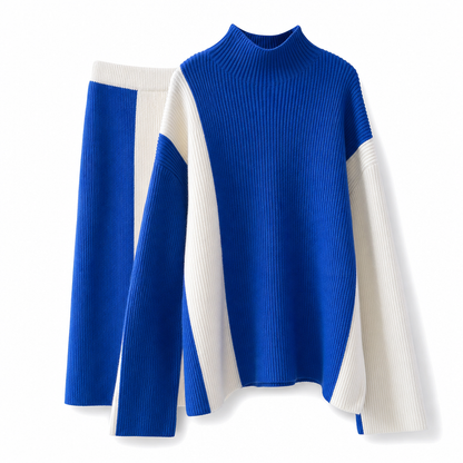 Women's Autumn Winter Color Block Knit 2-Piece Set Thickened Pullover Sweater and Skirt