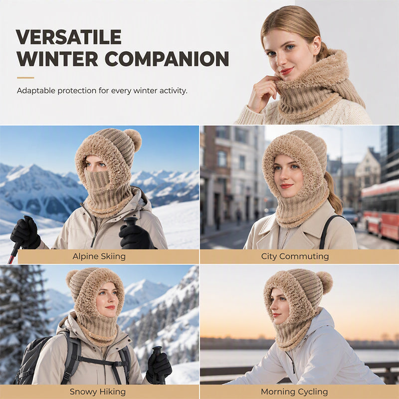 Stay Warm Without the Hassle — Women's One-Piece Knitted Winter Hat, Scarf & Face Cover with Cozy Full-Coverage Design for Cold Weather Comfort