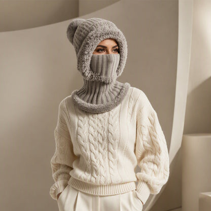 Stay Warm Without the Hassle — Women's One-Piece Knitted Winter Hat, Scarf & Face Cover with Cozy Full-Coverage Design for Cold Weather Comfort