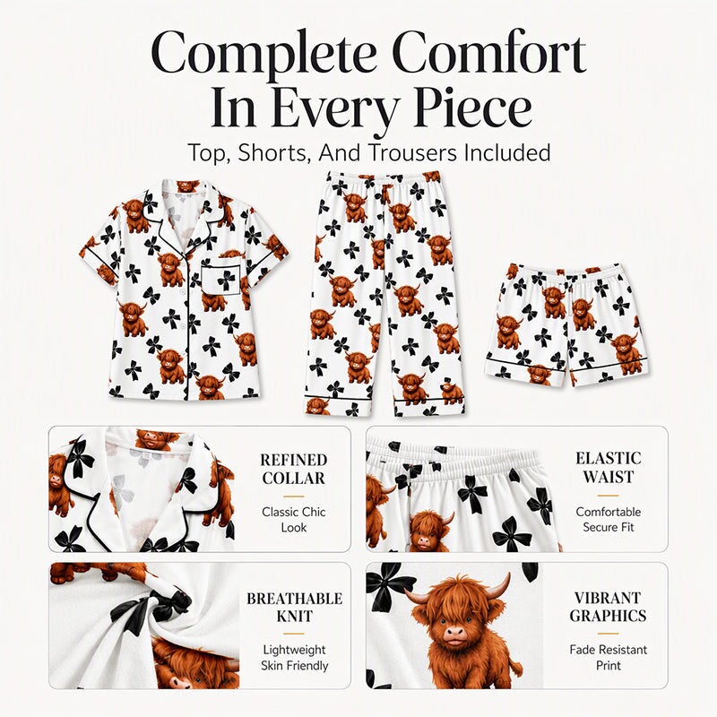 Women's Highland Cow Print 3-Piece Pajama Set 🐮 | Cozy Lounge & Sleepwear | Free Shipping 🚚✨