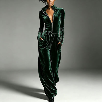 Women's Chic Stand Collar Velvet Jumpsuit