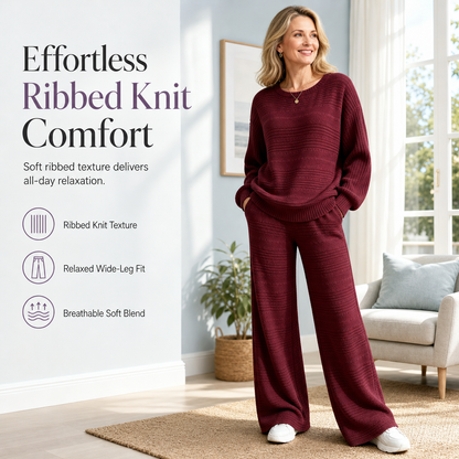 ⚡Free Shipping🌸Women's Autumn Winter Ribbed Knit Two Piece Set Casual Long Sleeve Top and Wide Leg Pants