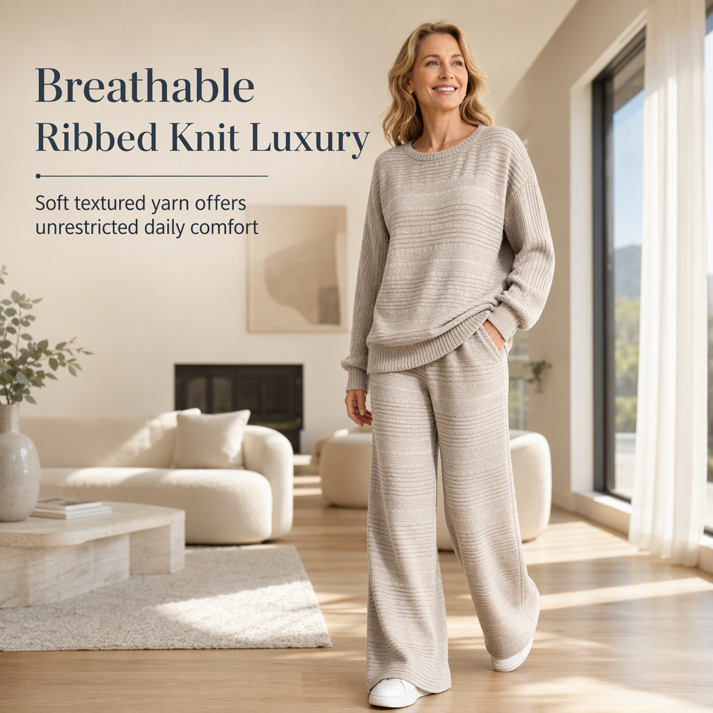 ⚡Free Shipping🌸Women's Autumn Winter Ribbed Knit Two Piece Set Casual Long Sleeve Top and Wide Leg Pants
