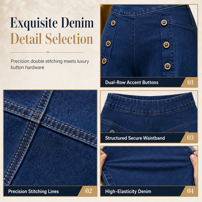 High Waisted Wide Leg Stretch Denim Jeans with Decorative Buttons
