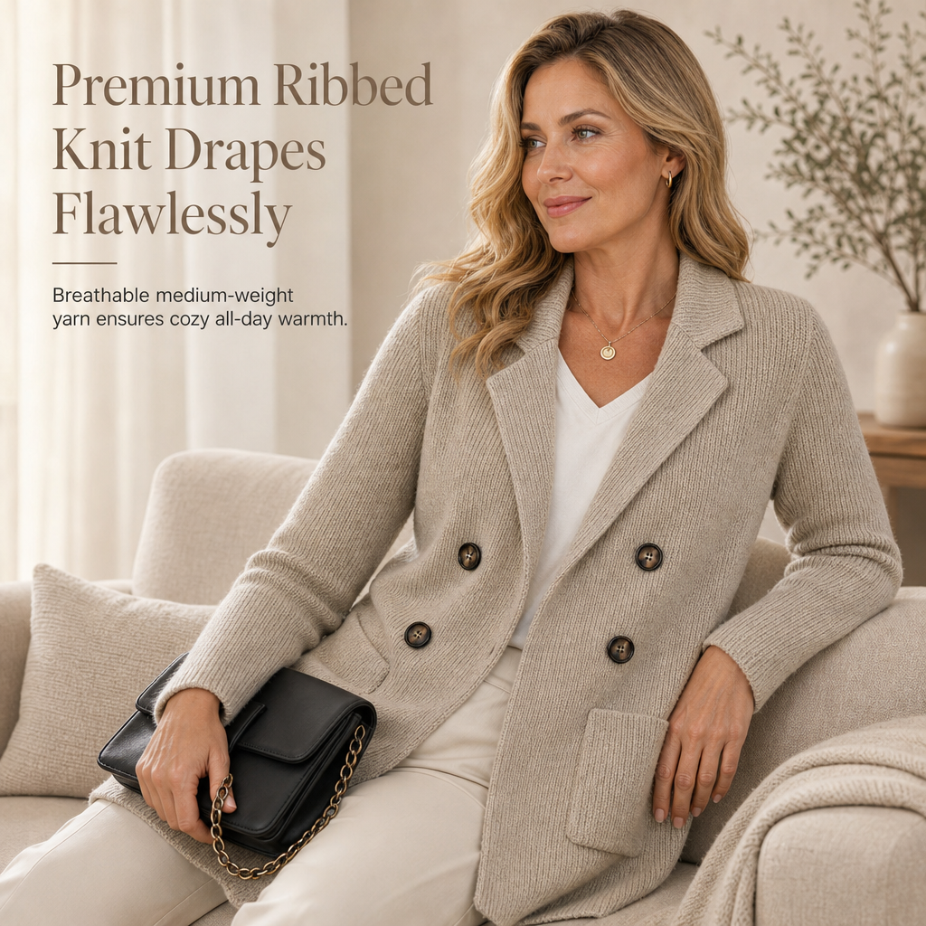 Women's Double-Breasted Ribbed Knit Cardigan with Pockets and Notched Lapel
