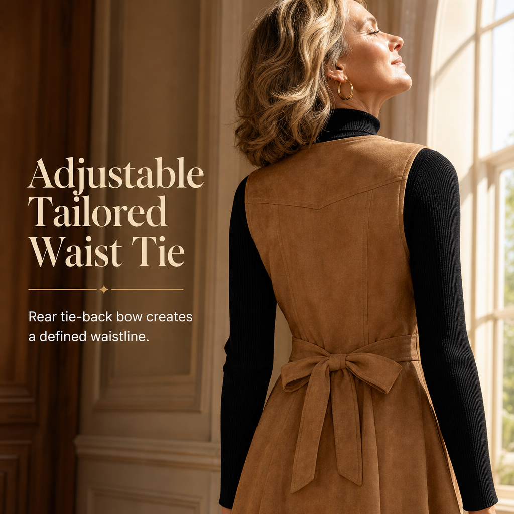 Classic Faux Suede V Neck Button Front Sleeveless Pinafore Dress