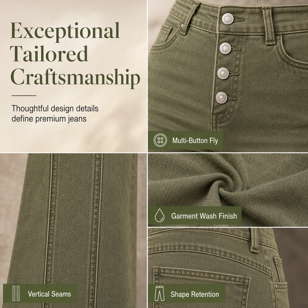 Women's Olive Green High-Waisted Multi-Button Flare Jeans with Vertical Front Seams