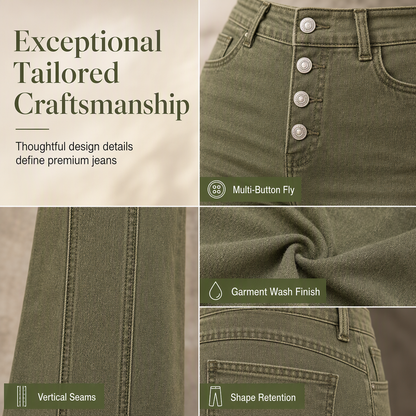 Women's Olive Green High-Waisted Multi-Button Flare Jeans with Vertical Front Seams