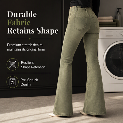 Women's Olive Green High-Waisted Multi-Button Flare Jeans with Vertical Front Seams