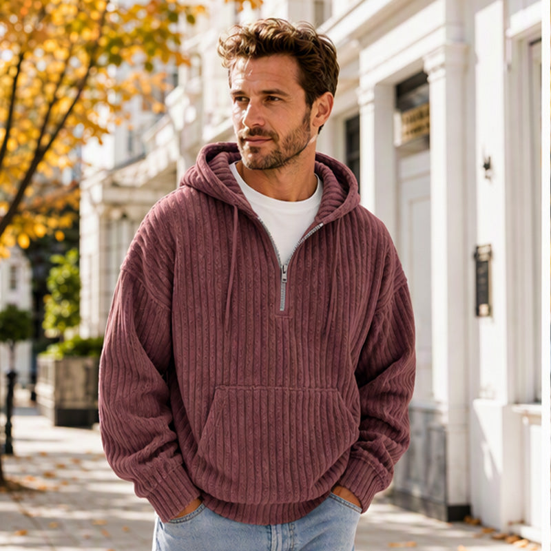 Men's Casual Half-Zip Corduroy Hoodie