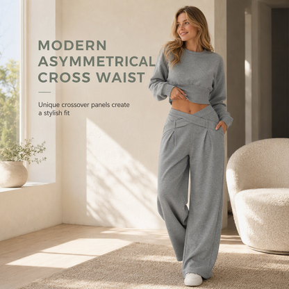 Casual Sporty Autumn Winter Long Sleeve T-Shirt and Loose Cross Waist Wide Leg Pants Two Piece Set