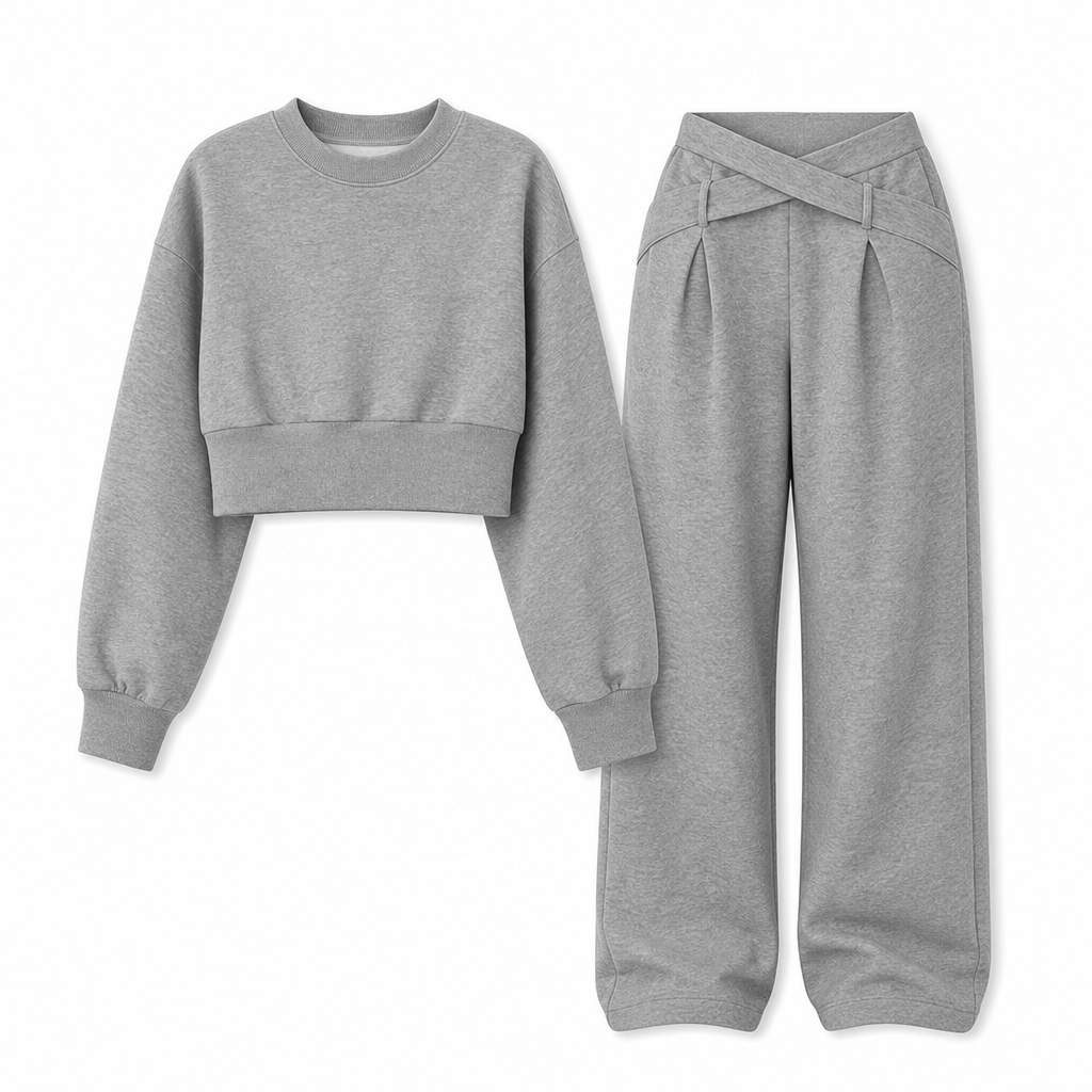 Casual Sporty Autumn Winter Long Sleeve T-Shirt and Loose Cross Waist Wide Leg Pants Two Piece Set