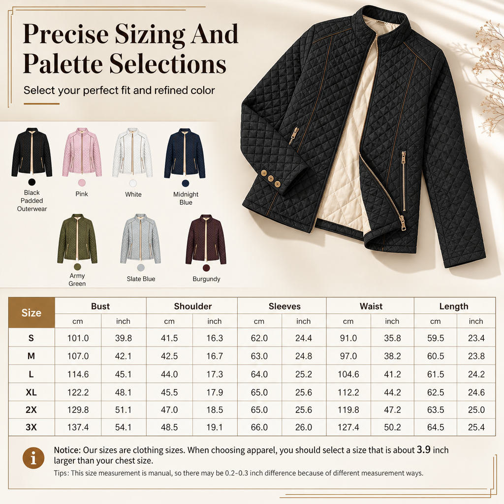 Women's Lightweight Quilted Padded Zipper with Stand Collar for Spring and Winter