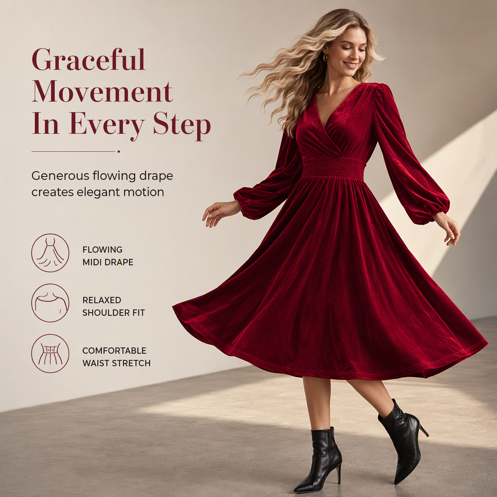 Women's Solid Color Velvet V Neck Long Sleeve Maxi Dress