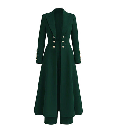 Women's Elegant Autumn 2 Piece Outfit Set with Retro Long Sleeve Coat and Simple Trousers