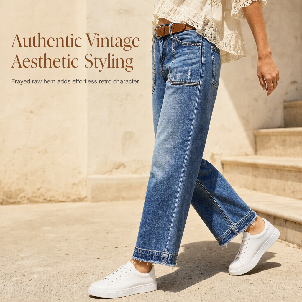 Women's Vintage Stretchy Straight Leg Denim Jeans with Distressed Patch Pockets and Frayed Raw Hem