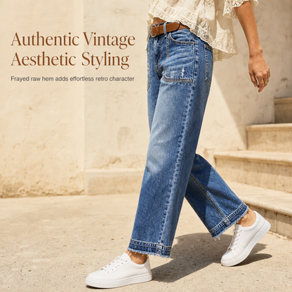 Women's Vintage Stretchy Straight Leg Denim Jeans with Distressed Patch Pockets and Frayed Raw Hem