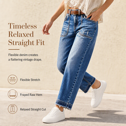 Women's Vintage Stretchy Straight Leg Denim Jeans with Distressed Patch Pockets and Frayed Raw Hem