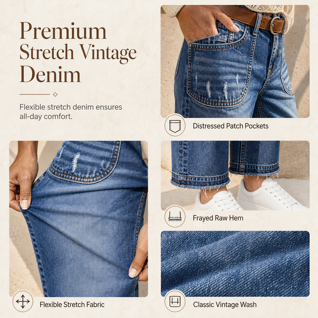 Women's Vintage Stretchy Straight Leg Denim Jeans with Distressed Patch Pockets and Frayed Raw Hem