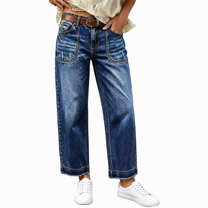 Women's Vintage Stretchy Straight Leg Denim Jeans with Distressed Patch Pockets and Frayed Raw Hem