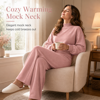 Women's Casual Two-Piece Knit Lounge Set with Mock Neck Long Sleeve Sweatshirt and High-Waisted Wide-Leg Pants