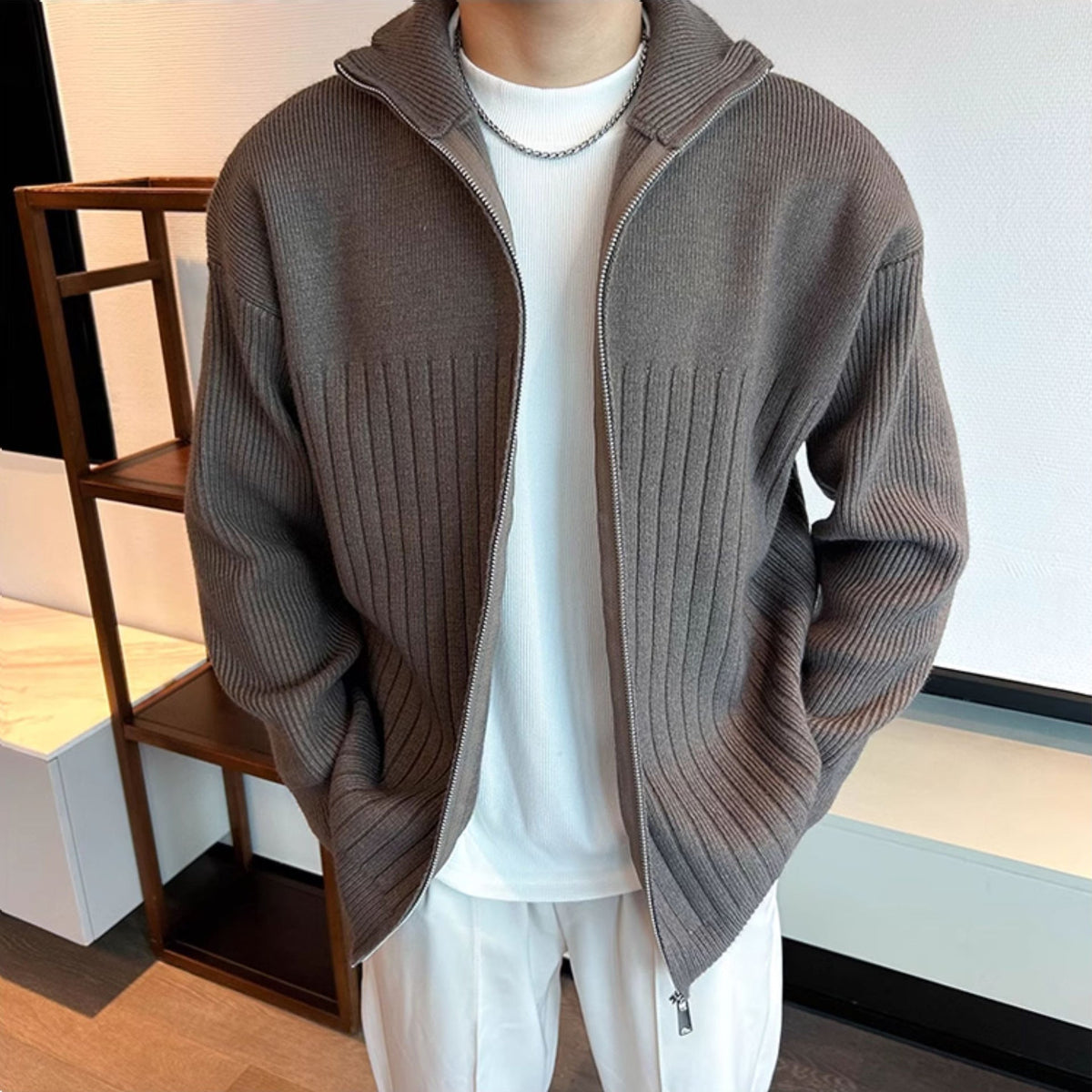 Men's Full-Zip Ribbed Knit Cardigan Sweater