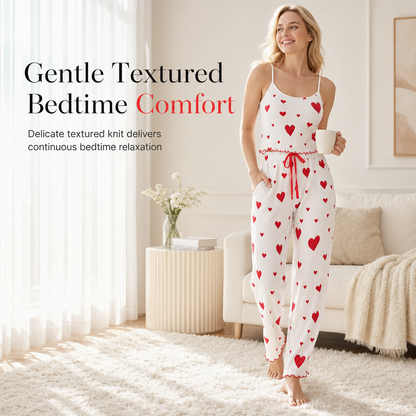 Womens 2 Piece Ribbed Pajama Set Heart Print Camisole Top and Long Pants Loungewear