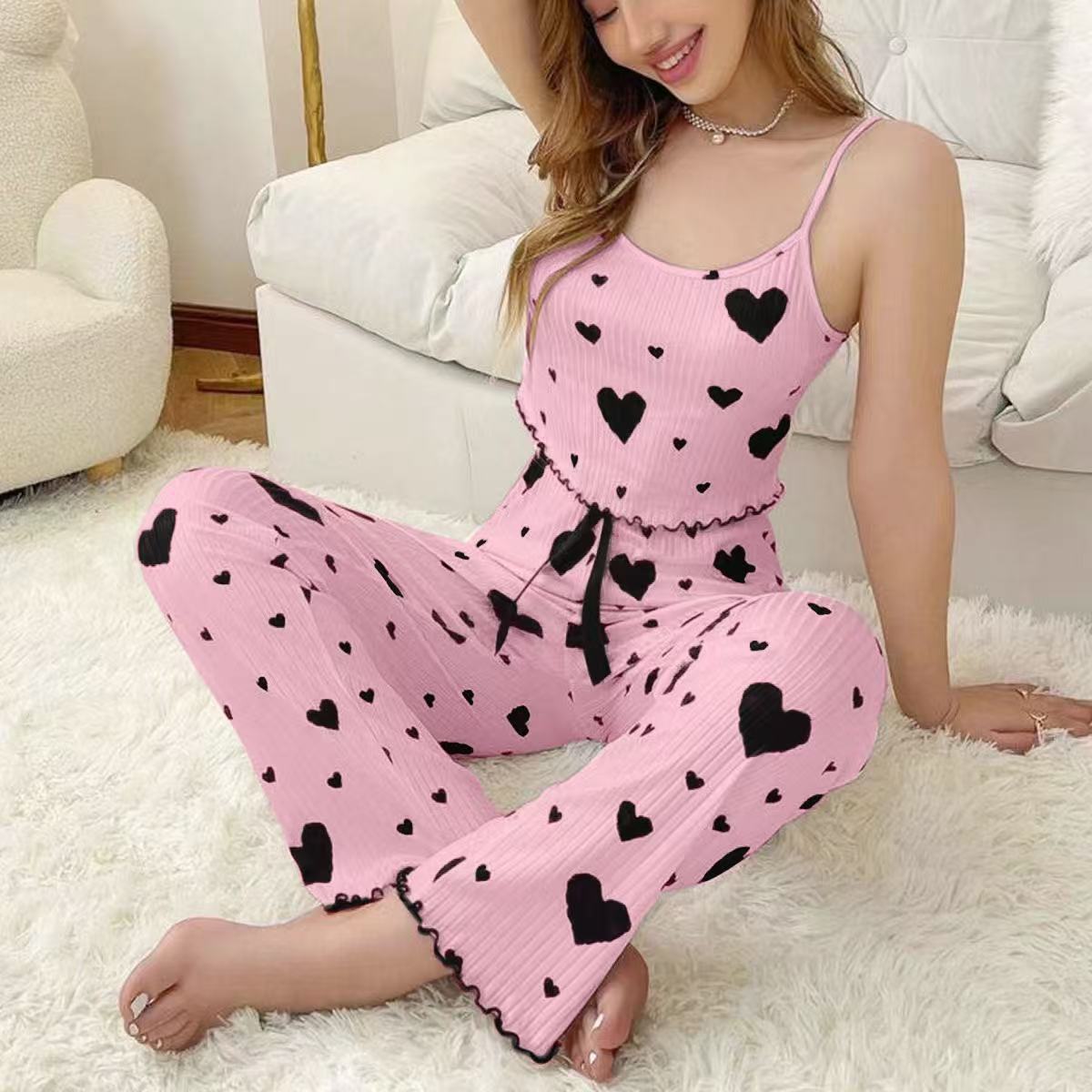 Womens 2 Piece Ribbed Pajama Set Heart Print Camisole Top and Long Pants Loungewear