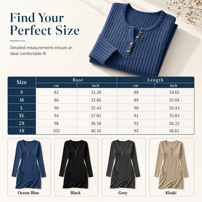 Womens Autumn Winter Solid Color Long Sleeve Slim Fit Bodycon Button Dress