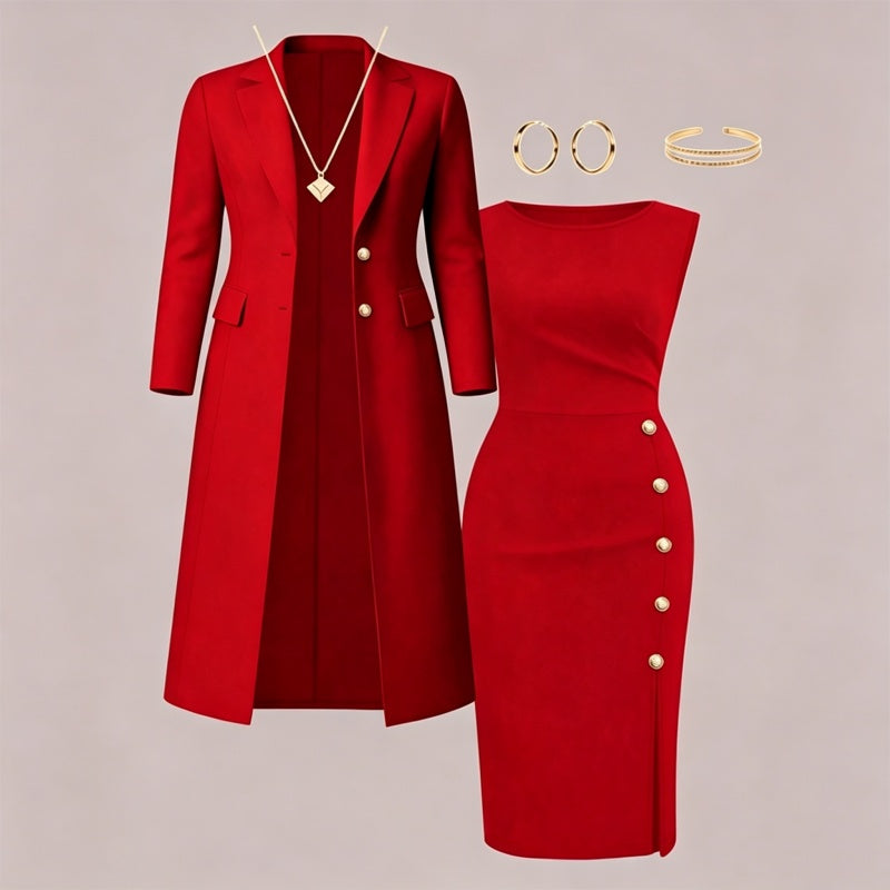 Women's Elegant Long Blazer & Sleeveless Dress Set
