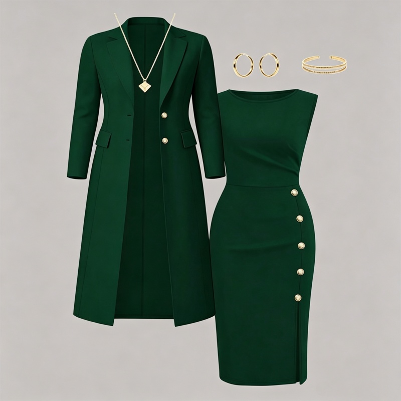 Women's Elegant Long Blazer & Sleeveless Dress Set