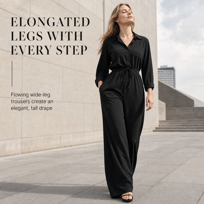 Women's Solid Color Lapel Collar Shirt Style Jumpsuit with Waist Tie for Casual Commuter Wear