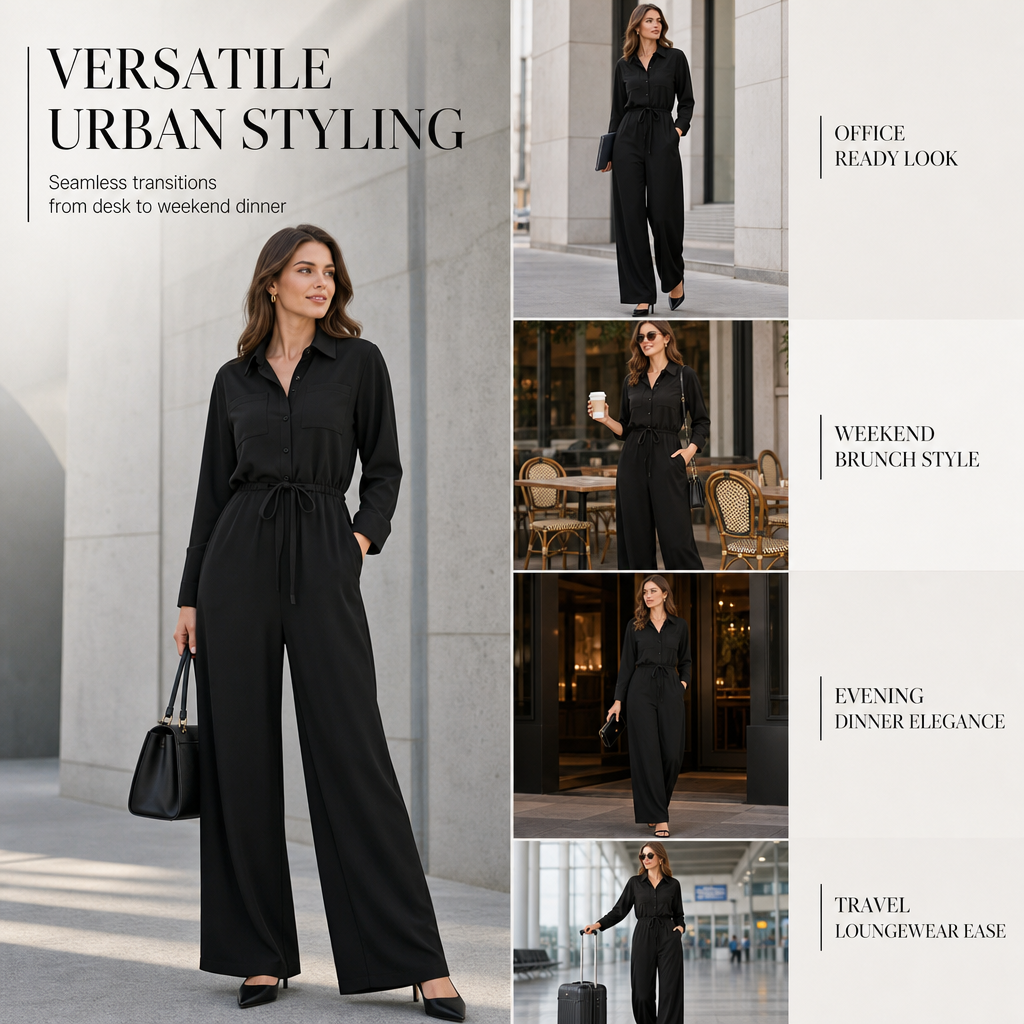 Women's Solid Color Lapel Collar Shirt Style Jumpsuit with Waist Tie for Casual Commuter Wear