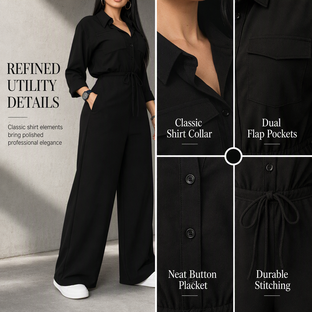 Women's Solid Color Lapel Collar Shirt Style Jumpsuit with Waist Tie for Casual Commuter Wear