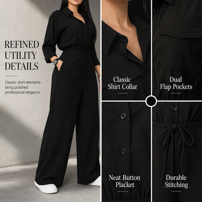Women's Solid Color Lapel Collar Shirt Style Jumpsuit with Waist Tie for Casual Commuter Wear