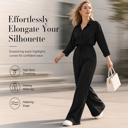 Women's Solid Color Lapel Collar Shirt Style Jumpsuit with Waist Tie for Casual Commuter Wear