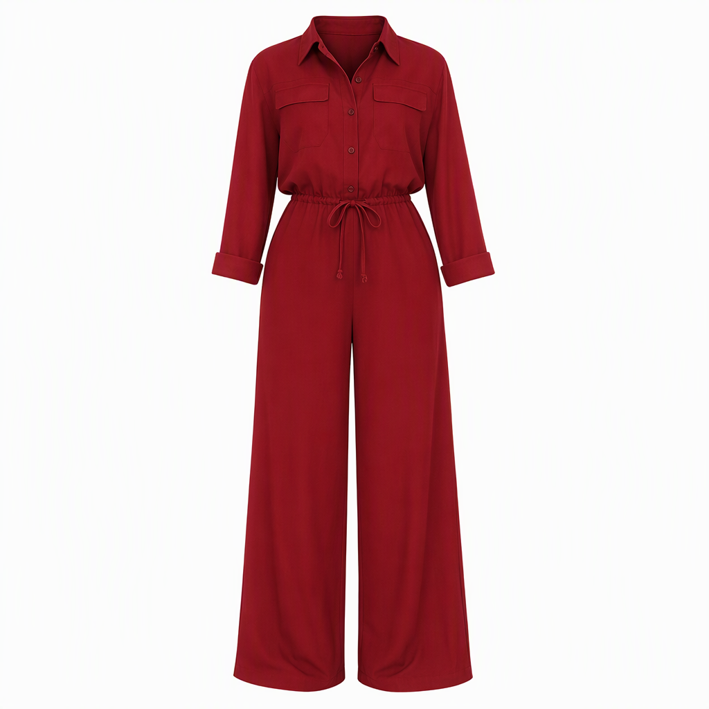 Women's Solid Color Lapel Collar Shirt Style Jumpsuit with Waist Tie for Casual Commuter Wear