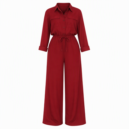 Women's Solid Color Lapel Collar Shirt Style Jumpsuit with Waist Tie for Casual Commuter Wear
