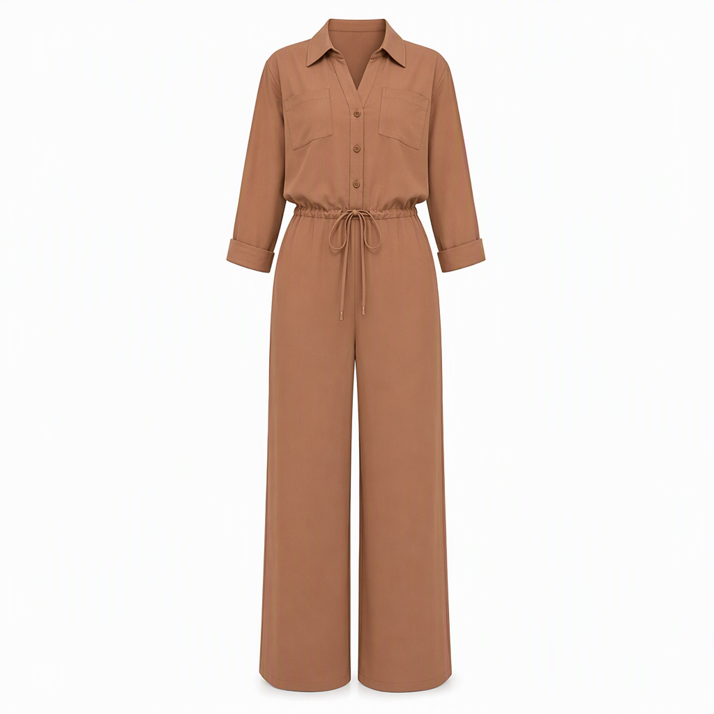 Women's Solid Color Lapel Collar Shirt Style Jumpsuit with Waist Tie for Casual Commuter Wear