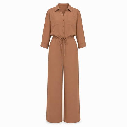 Women's Solid Color Lapel Collar Shirt Style Jumpsuit with Waist Tie for Casual Commuter Wear