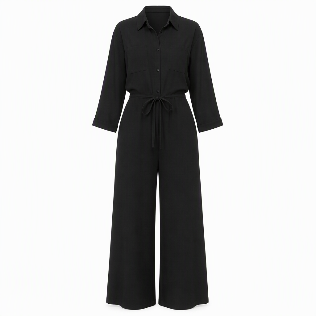 Women's Solid Color Lapel Collar Shirt Style Jumpsuit with Waist Tie for Casual Commuter Wear