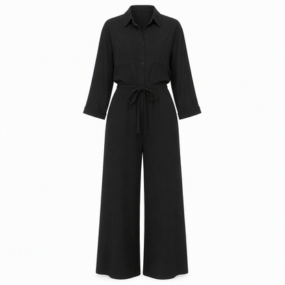 Women's Solid Color Lapel Collar Shirt Style Jumpsuit with Waist Tie for Casual Commuter Wear