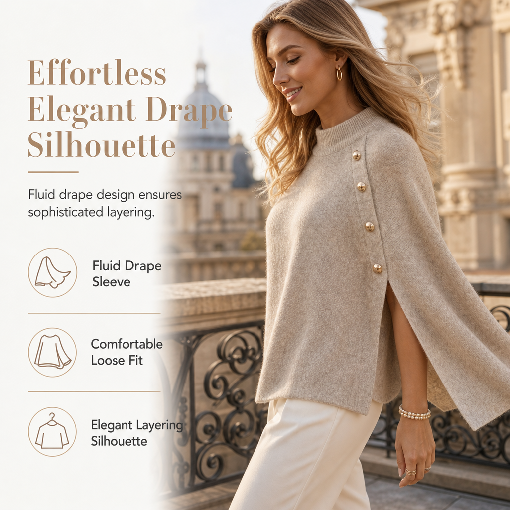 Women's Buttoned Knit Cape Poncho Sweater