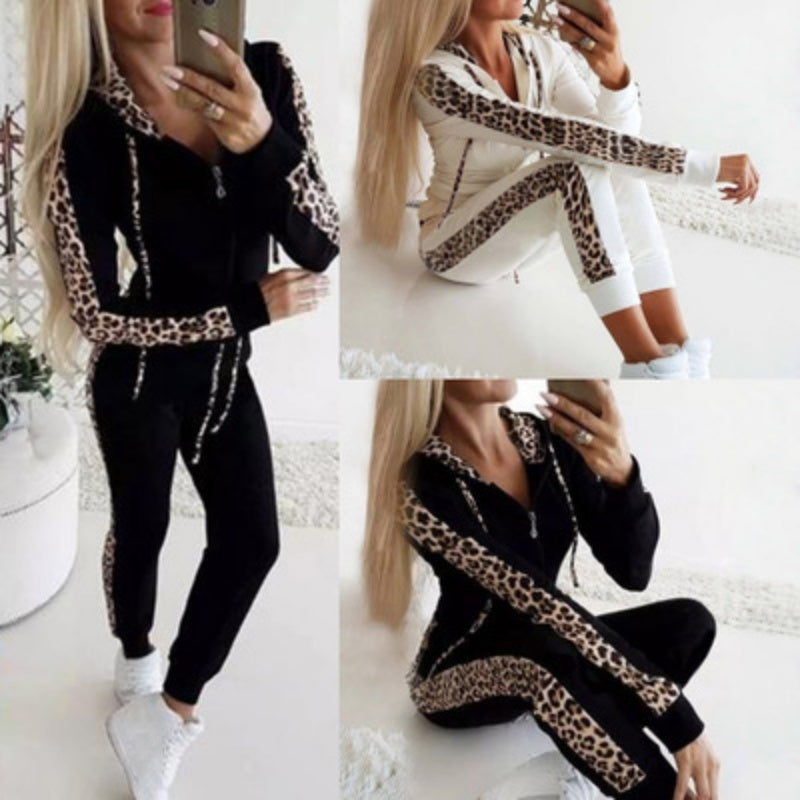 🌸Hot Sale 50% OFF✨Women's Leopard Print Long Sleeve Zipper Sweatshirt and Pants Set