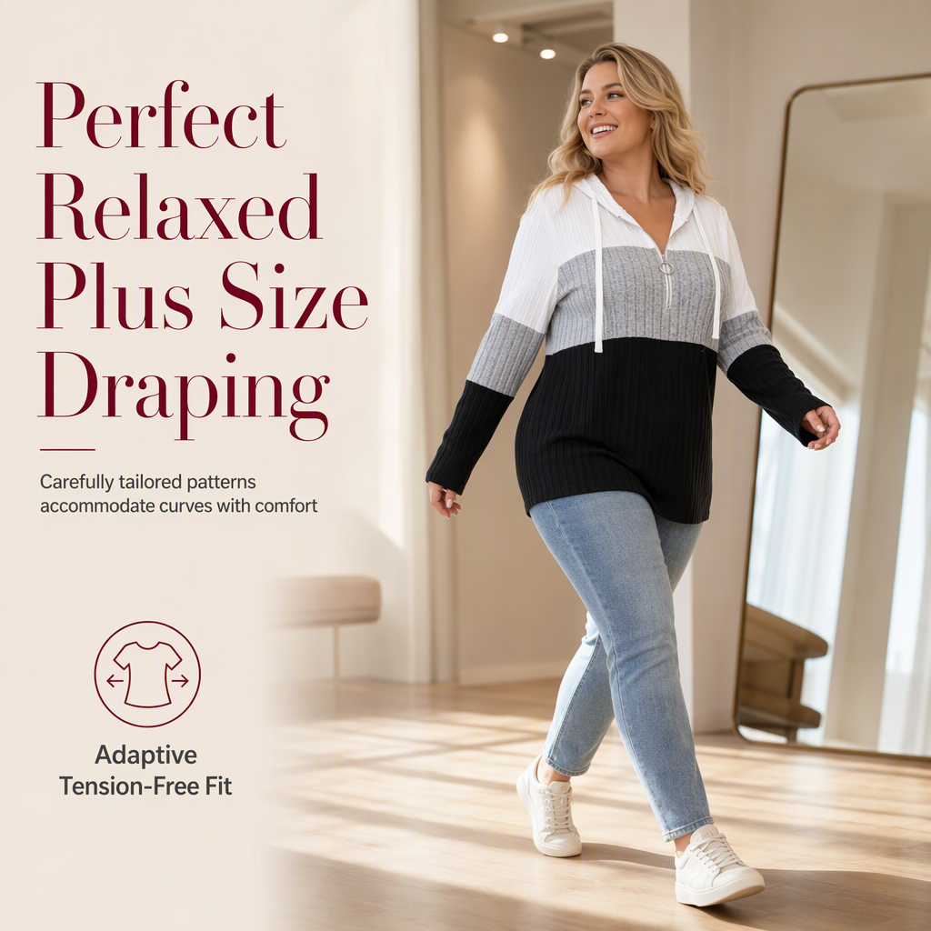 Women Plus Size Color Block Half Zip Drawstring Hooded Sweatshirt