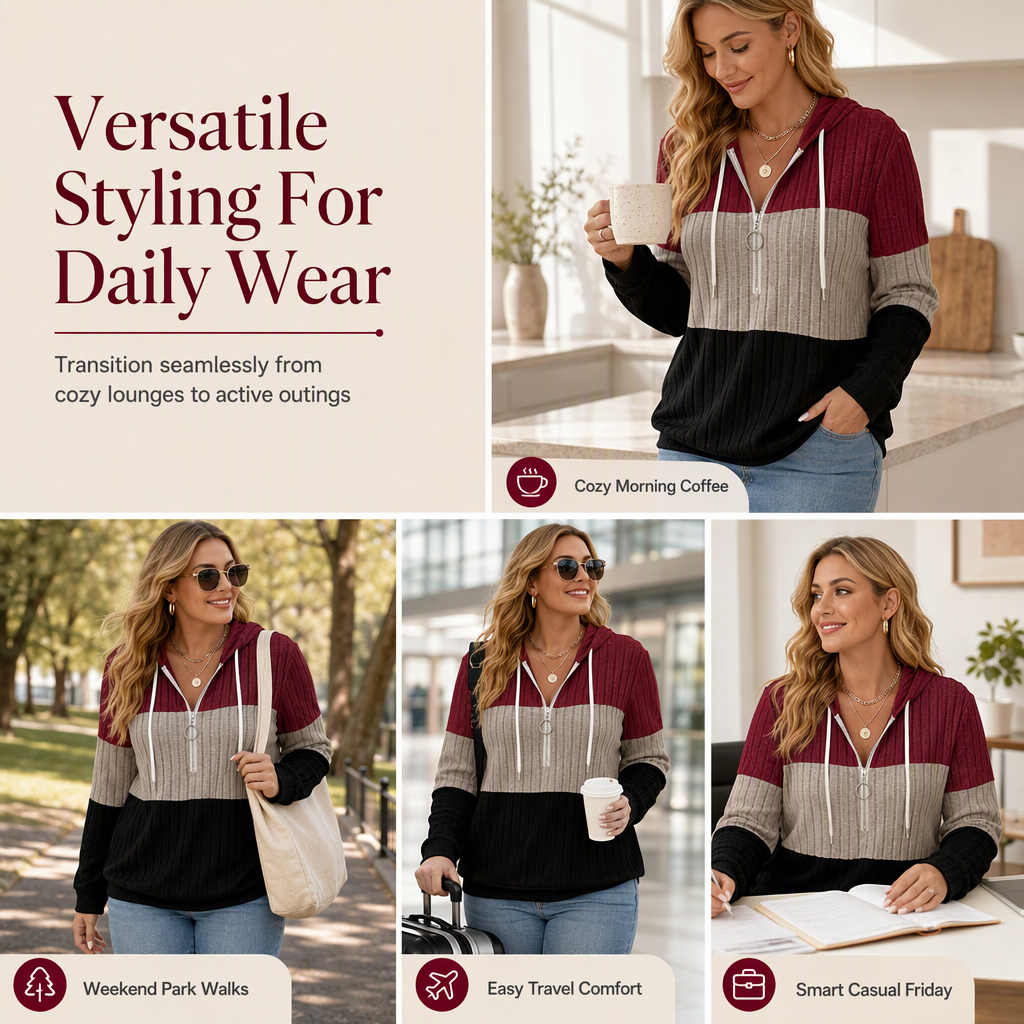 Women Plus Size Color Block Half Zip Drawstring Hooded Sweatshirt