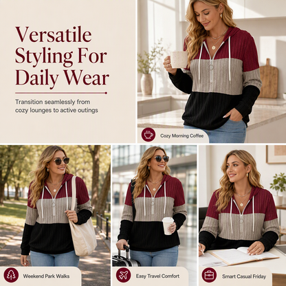 Women Plus Size Color Block Half Zip Drawstring Hooded Sweatshirt